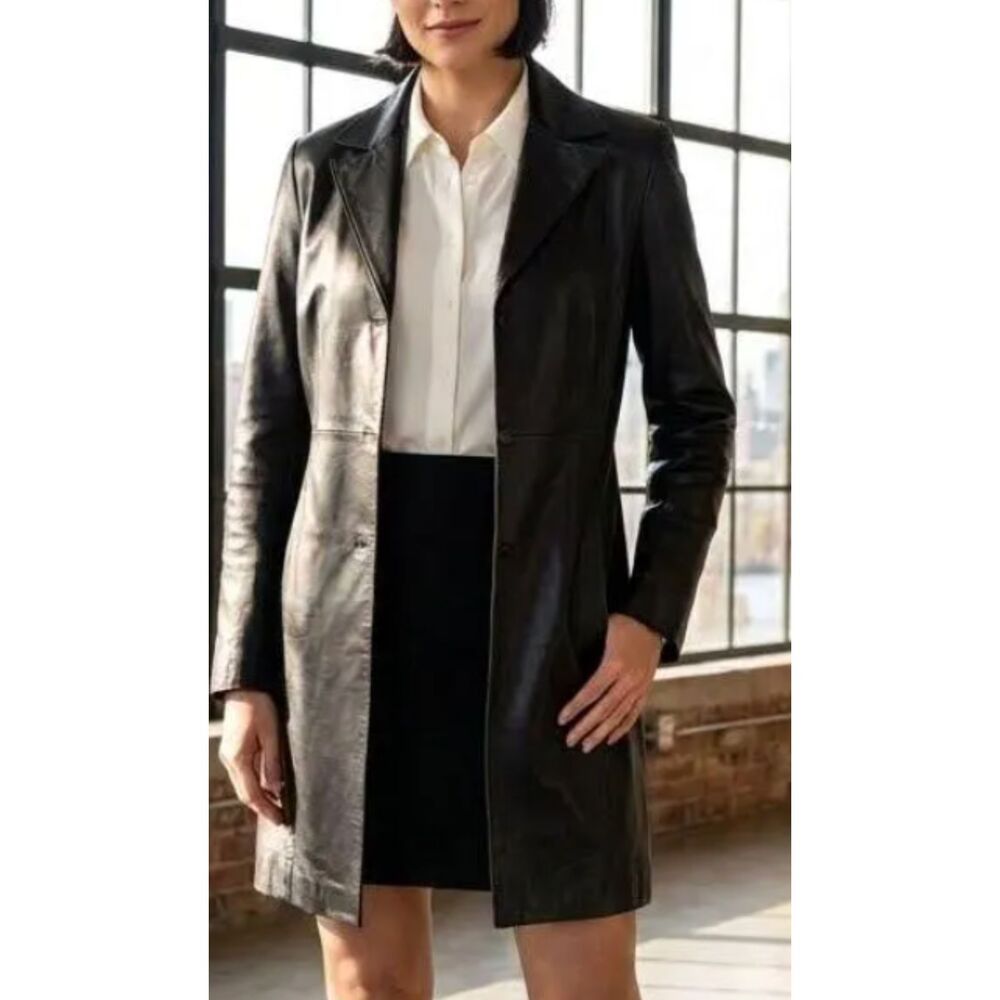 Vintage GUESS Black Genuine Leather Snap Front Coat Jacket Size Large